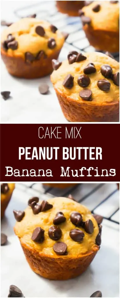 Banana Muffins. These peanut butter banana muffins are made from cake mix and loaded with chocolate chips. This is a super easy breakfast or snack recipe.