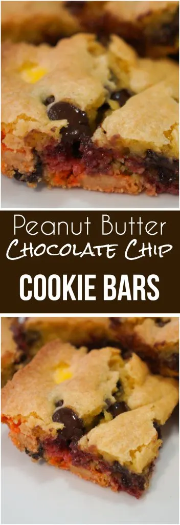 Peanut Butter Chocolate Chip Cookie Bars are an easy dessert recipe. These cake mix cookie bars are loaded with chocolate chips and Reese's Pieces candies.