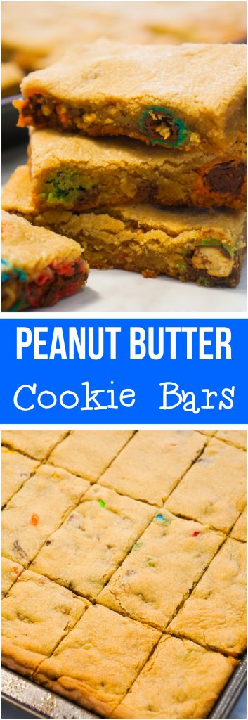 Peanut Butter Cookie Bars loaded with Reese's Peanut Butter Cup chunks and Peanut M&Ms. These cookie bars are an easy dessert recipe that would be a perfect addition to a Christmas treat platter.