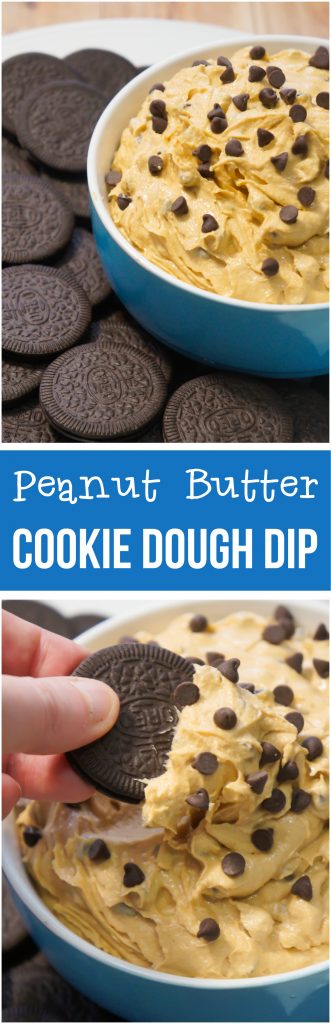 Peanut Butter Cookie Dough Dip is a no bake dessert recipe perfect for parties. This edible cookie dough dip is loaded with mini chocolate chips and served with Oreo cookies.