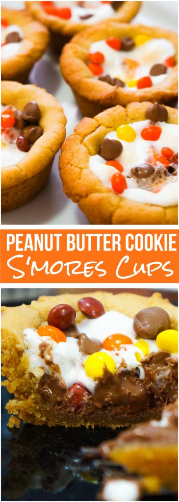 Peanut butter cookie cups filled marshmallows, chocolate chips and mini Reese's pieces. These easy s'mores desserts are made in muffin tins.