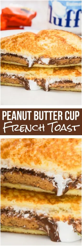 Peanut butter cup french toast. Easy breakfast idea with french toast, chocolate peanut butter cups and marshmallow fluff.