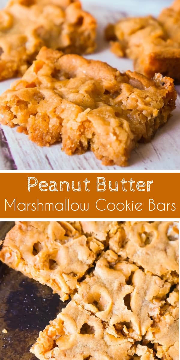 Peanut Butter Marshmallow Cookie Bars are an easy and delicious dessert. These peanut butter cookie bars are soft and chewy and loaded with Skor bits.