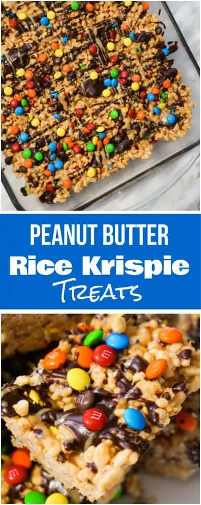 Peanut Butter Rice Krispie Treats. Easy chocolate peanut butter dessert recipe. Rice Krispie squares loaded with M&Ms.