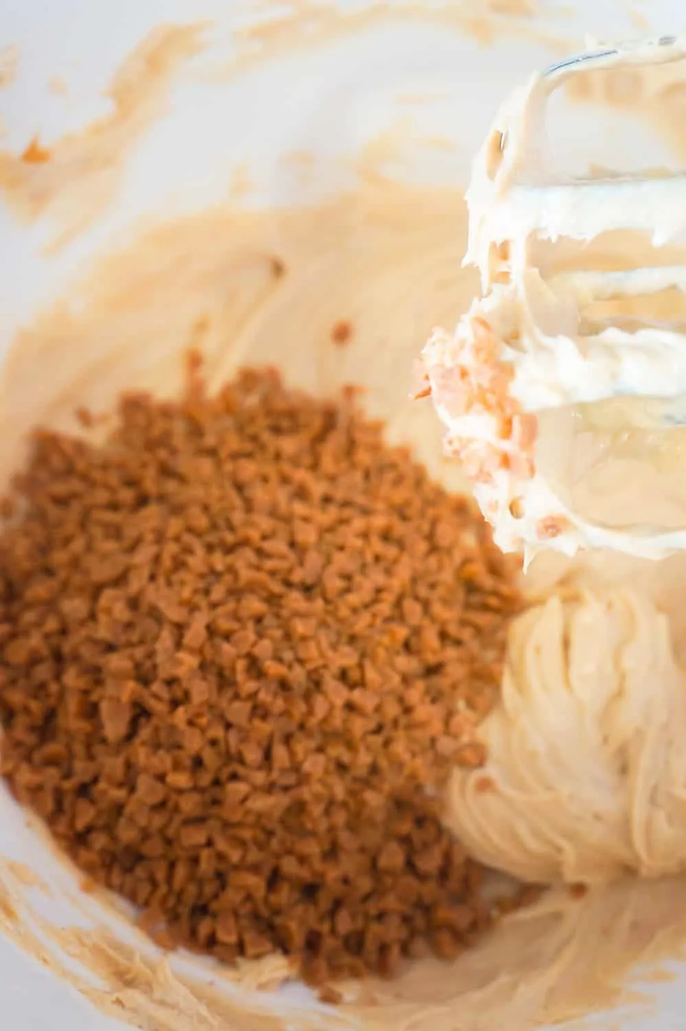 Skor bits in peanut butter cheesecake dip