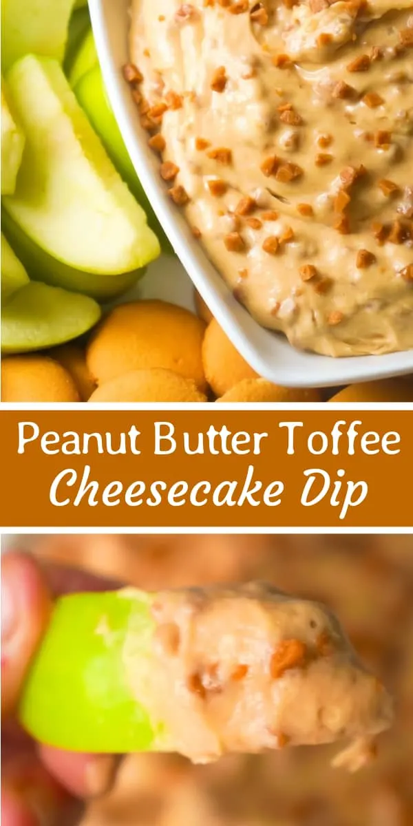 Peanut Butter Toffee Cheesecake Dip is an easy no bake dessert recipe perfect for summer. This sweet cream cheese dip loaded with Skor bits, is perfect to serve with fruit or cookies.