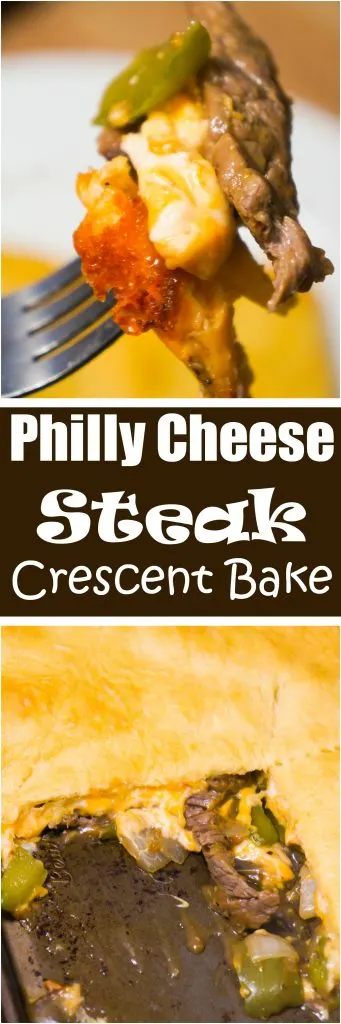 Philly Cheese Steak Crescent Bake is an easy dinner recipe with all the flavours of the classic Philly Cheese Steak Sandwich. Sliced steak, green peppers, onions and cheddar cheese are topped by a sheet of Pillsbury crescent roll dough.