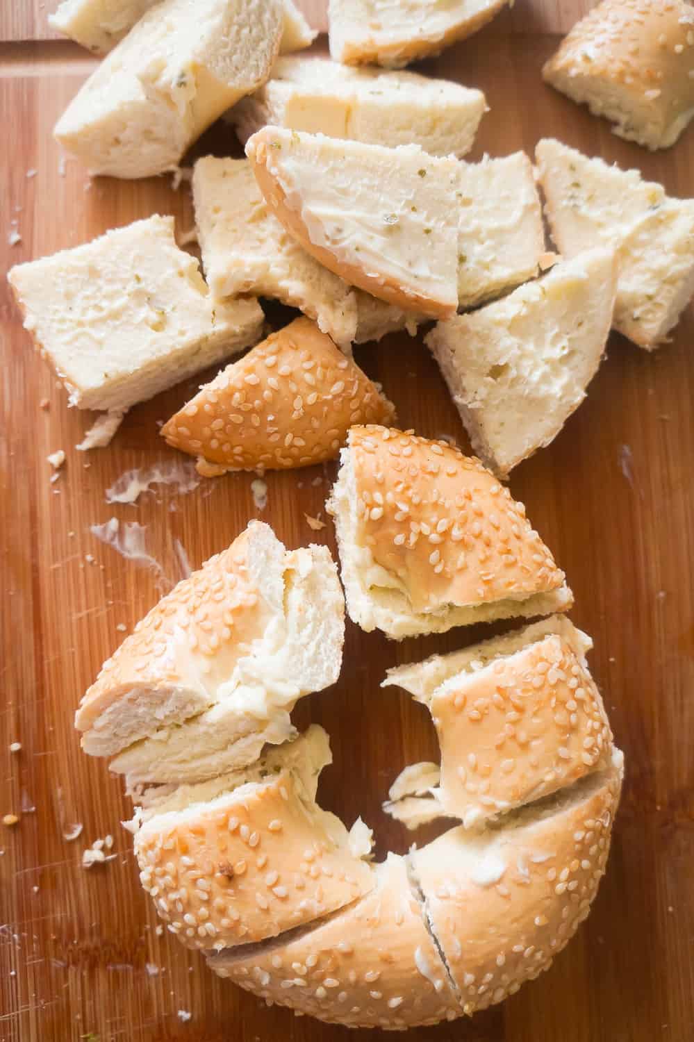 bagels sliced into bite sized pieces