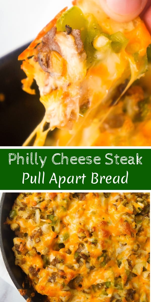 Philly Cheese Steak Pull Apart Bread is an easy party food perfect for game day. Bite sized pieces of bagel are loaded with roast beef, green peppers and cheddar cheese.