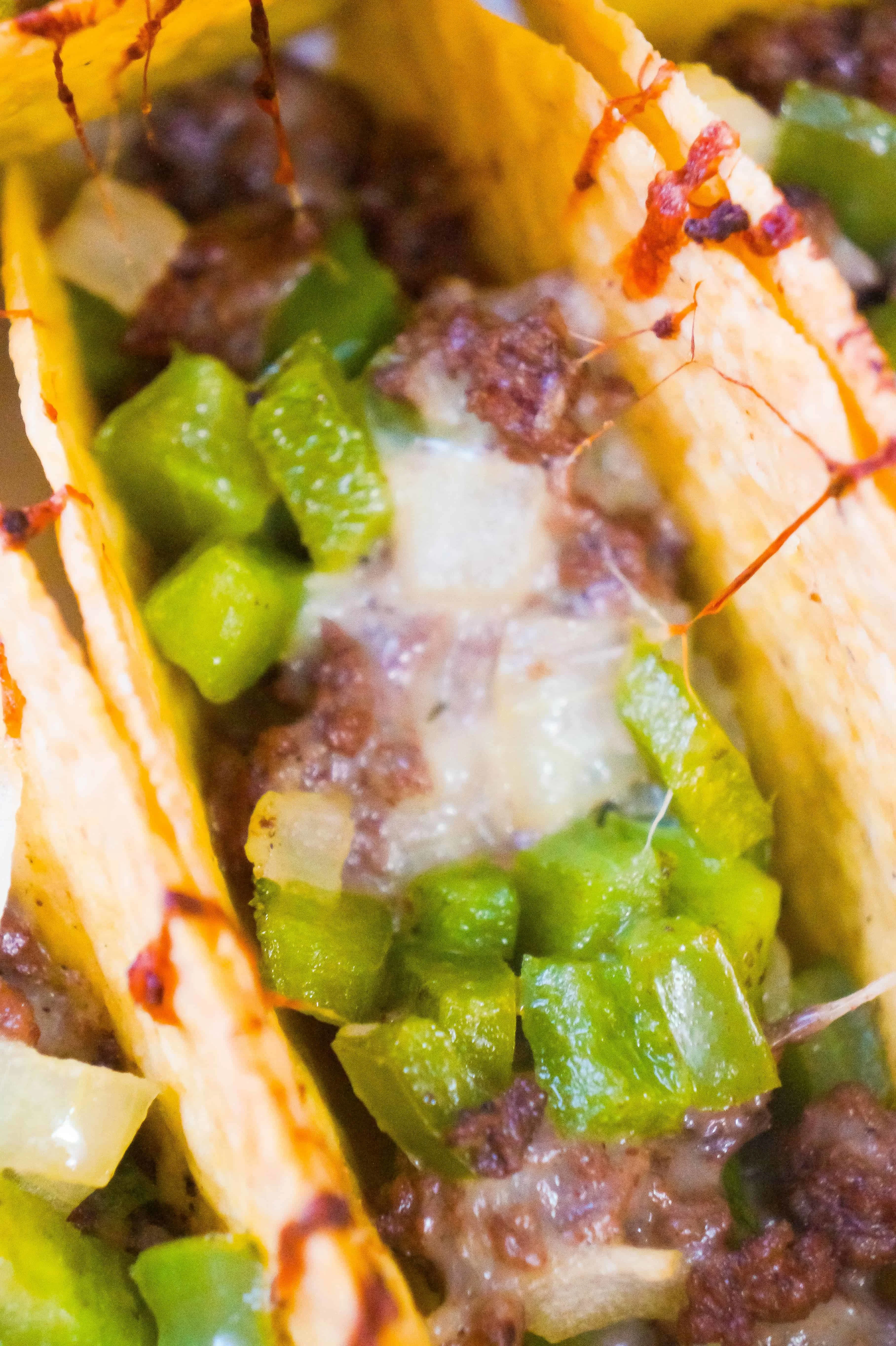 Philly Cheese Steak Ground Beef Tacos are the perfect party food for Super Bowl Sunday.