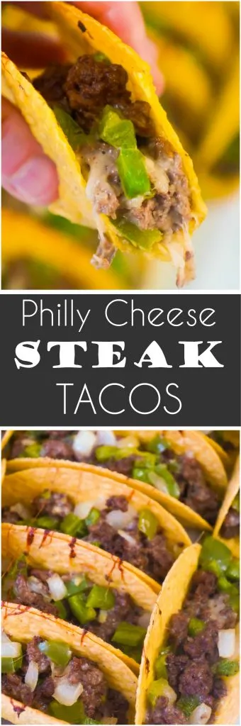 Philly Cheese Steak Tacos are an easy ground beef dinner or party food recipe. These baked tacos are loaded with green peppers, onions and mozzarella cheese. Serve these ground beef tacos at your Super Bowl party.