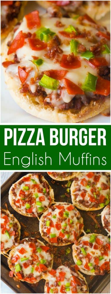 Pizza Burger English muffins are an easy dinner recipe using ground beef. These mini pizzas loaded with bacon and pepperoni are perfect for a weeknight dinner or even as a party snack.