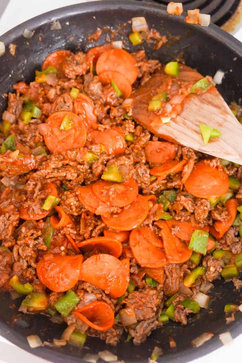 pepperoni and ground beef mixture in a frying pan