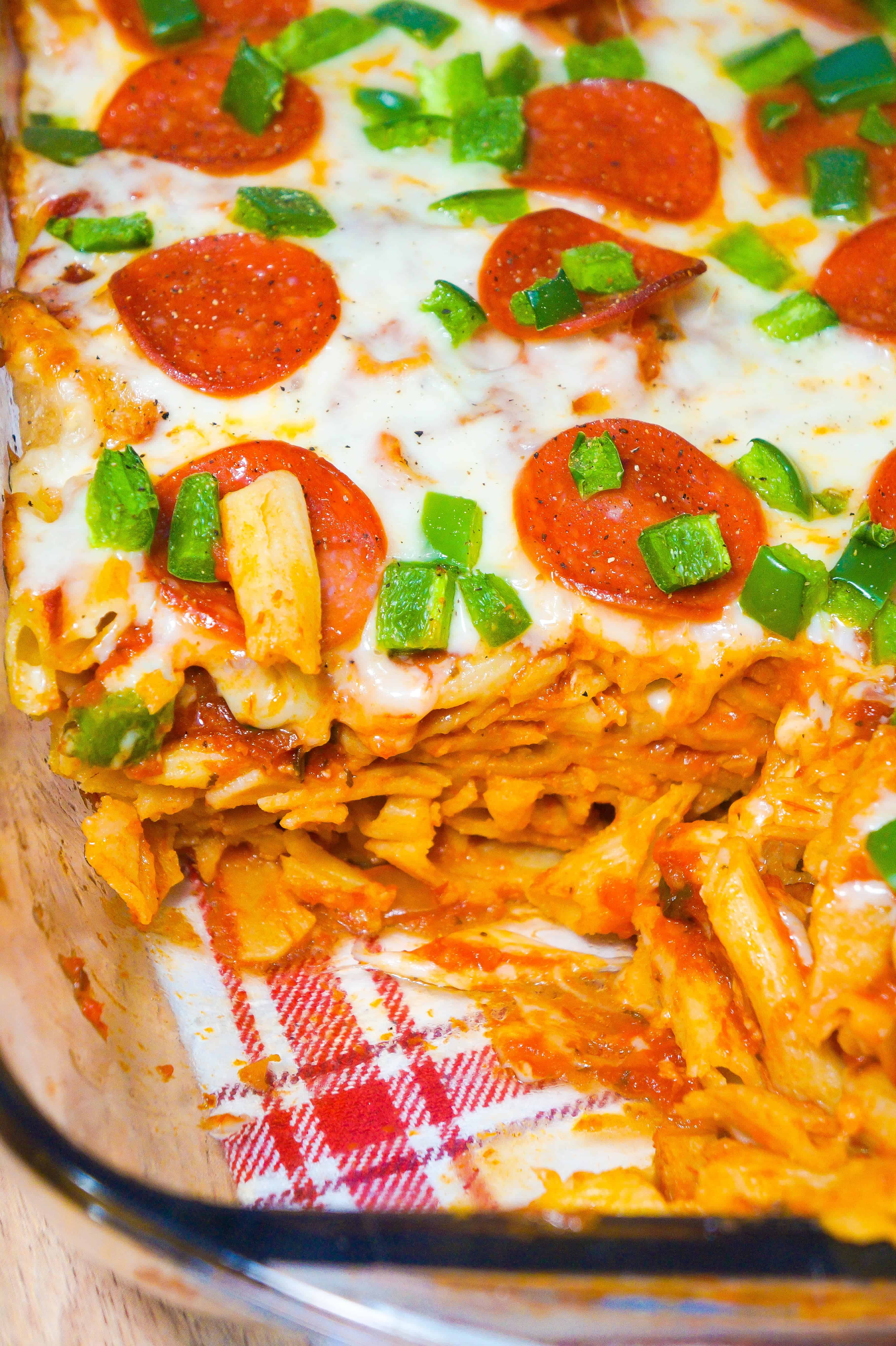 Pepperoni pizza casserole is an easy pasta dinner recipe.