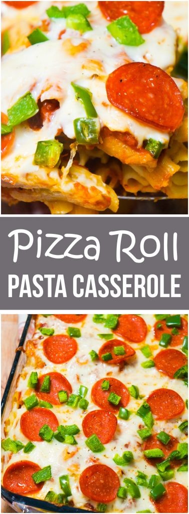 Pizza Roll Pasta Casserole is an easy dinner your kids will love. This pasta dish is loaded with bite size pepperoni pizza rolls and topped with mozzarella cheese and pepperoni slices. 