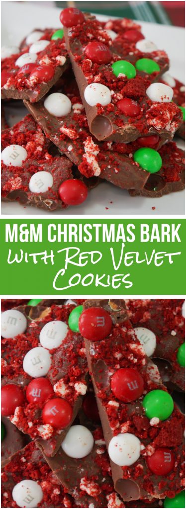 M&M Christmas Bark. This easy milk chocolate bark recipe is loaded with mint Christmas M&Ms and red velvet cookies. The perfect holiday party dessert recipe.