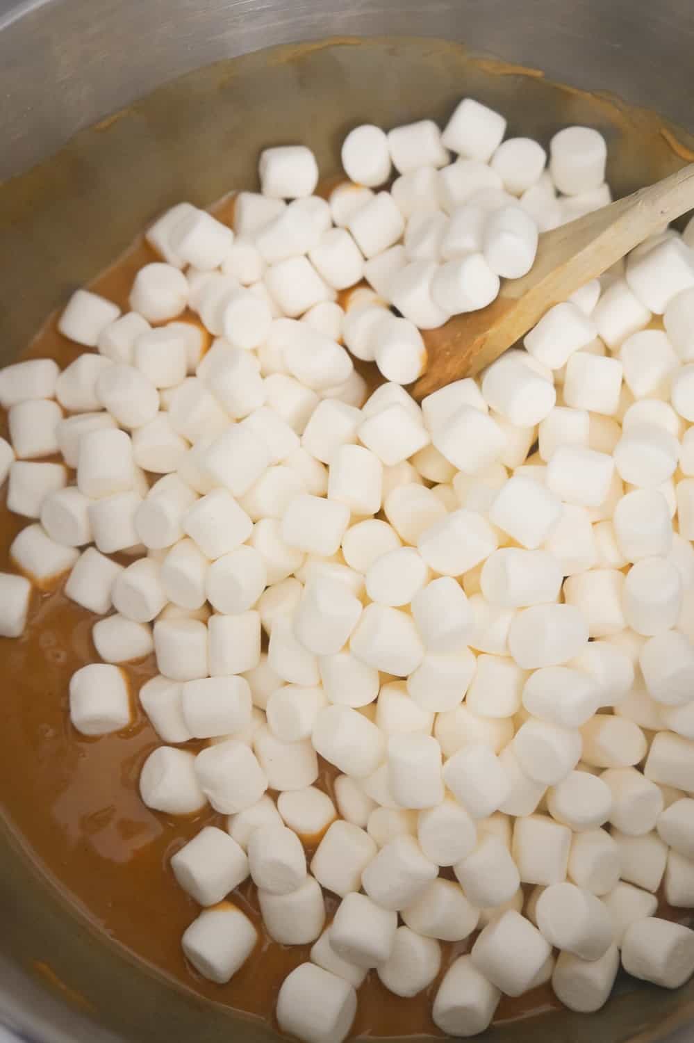 mini marshmallows added to melted peanut butter