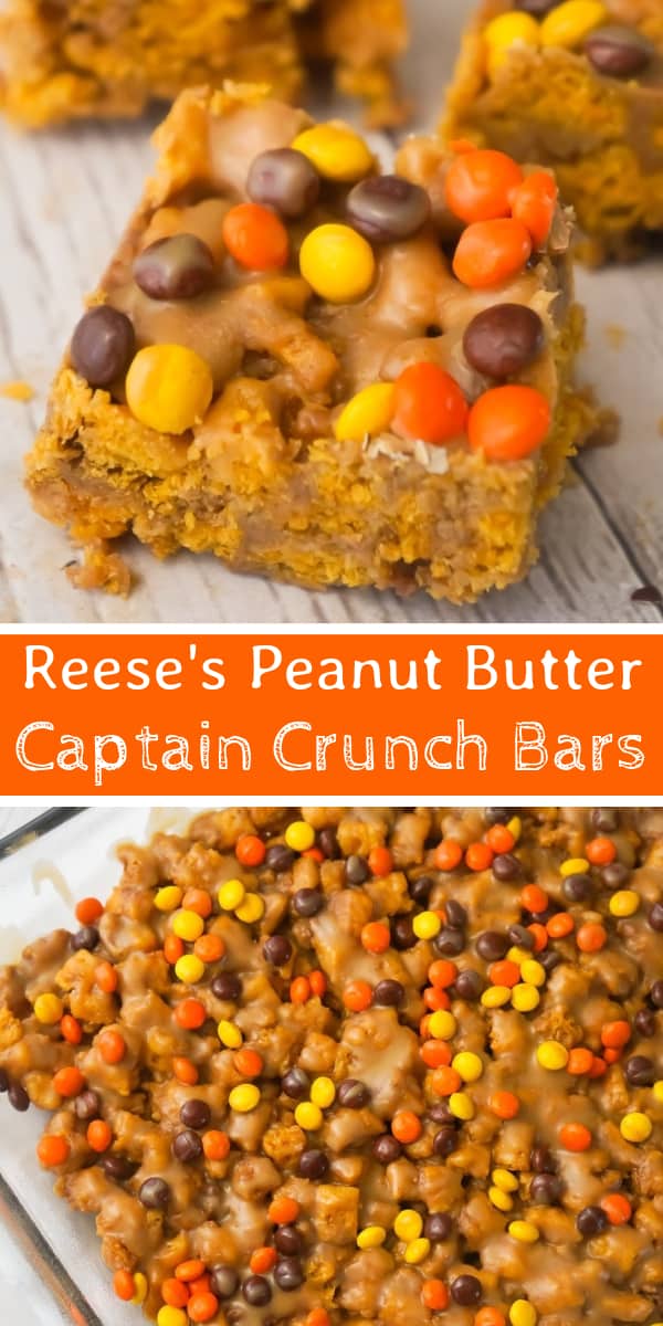 Reese's Peanut Butter Captain Crunch Bars are an easy dessert recipe perfect for peanut butter lovers. These peanut butter and marshmallow treats are like rice krispie treats but with Captain Crunch cereal instead.