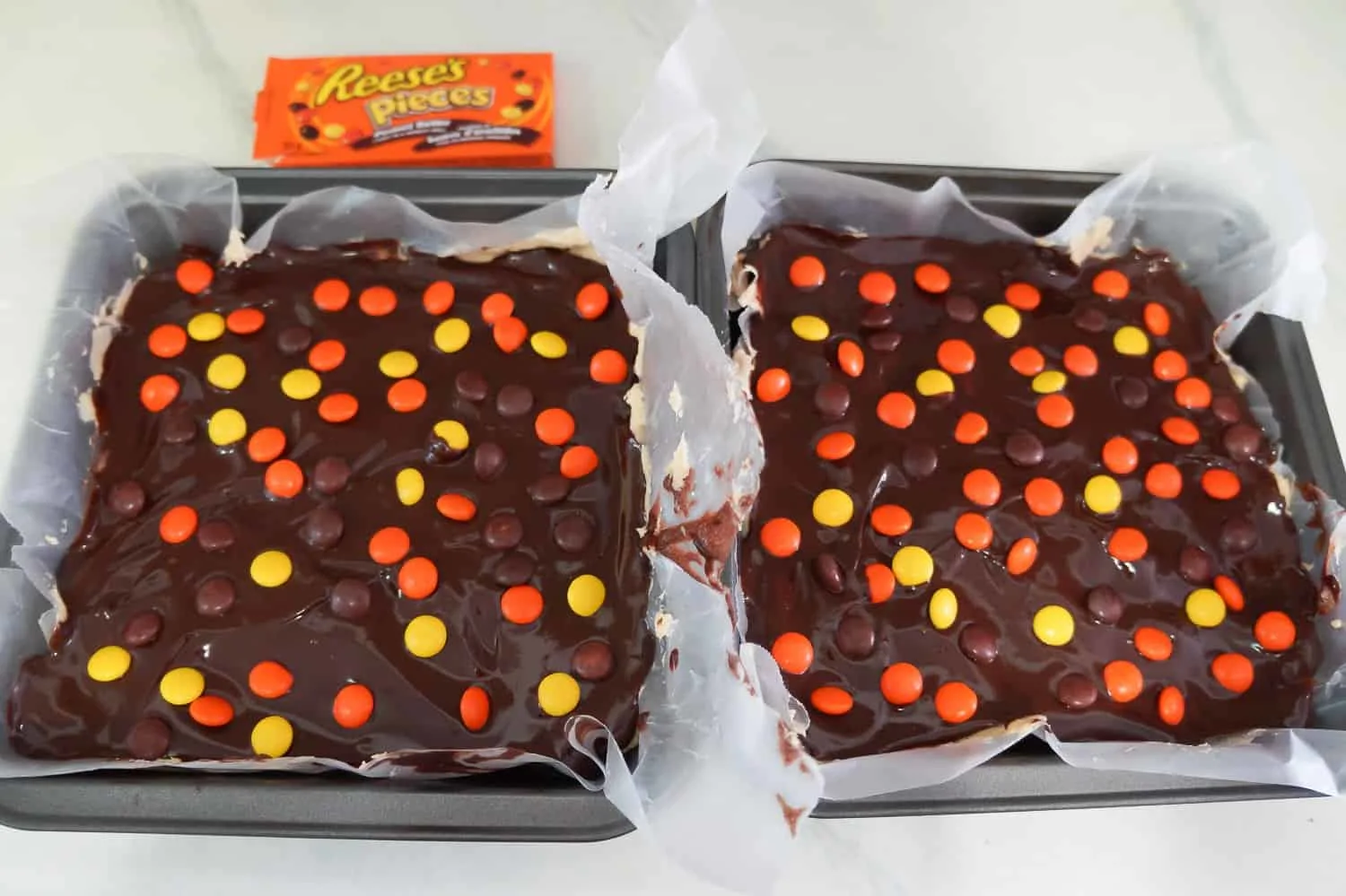 Reese's Pieces on top of brownies