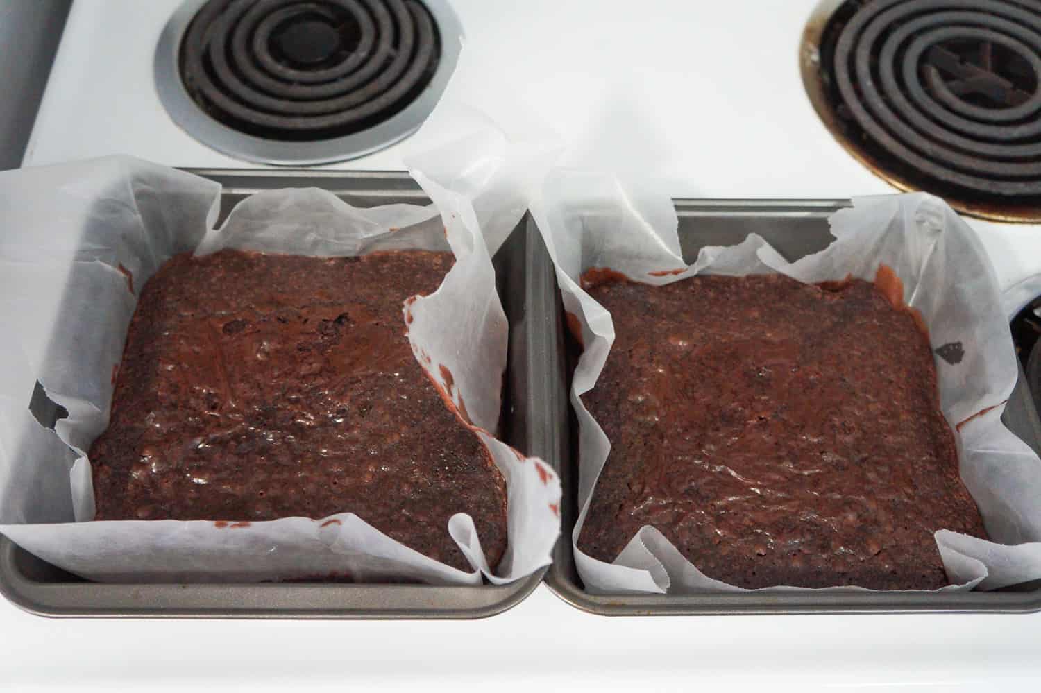 baked brownies in two 8 inch square pans