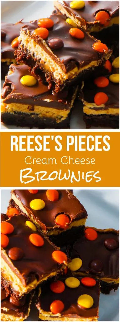 Reese's Pieces Cream Cheese Brownies. Delicious chocolate and peanut butter dessert.