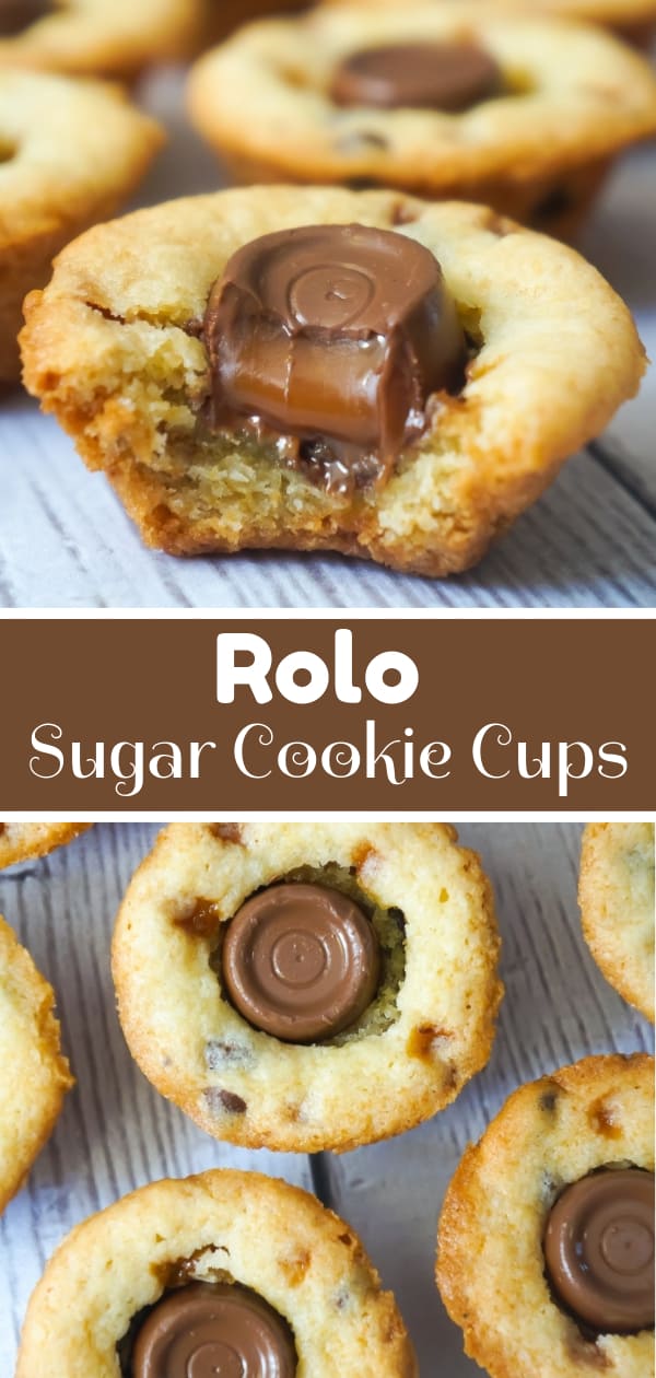 Rolo Sugar Cookie Cups are an easy dessert recipe using Betty Crocker Sugar Cookie Mix. These delicious cookies are baked in mini muffin tins and loaded with Skor bits, mini chocolate chips and Rolo chocolates.