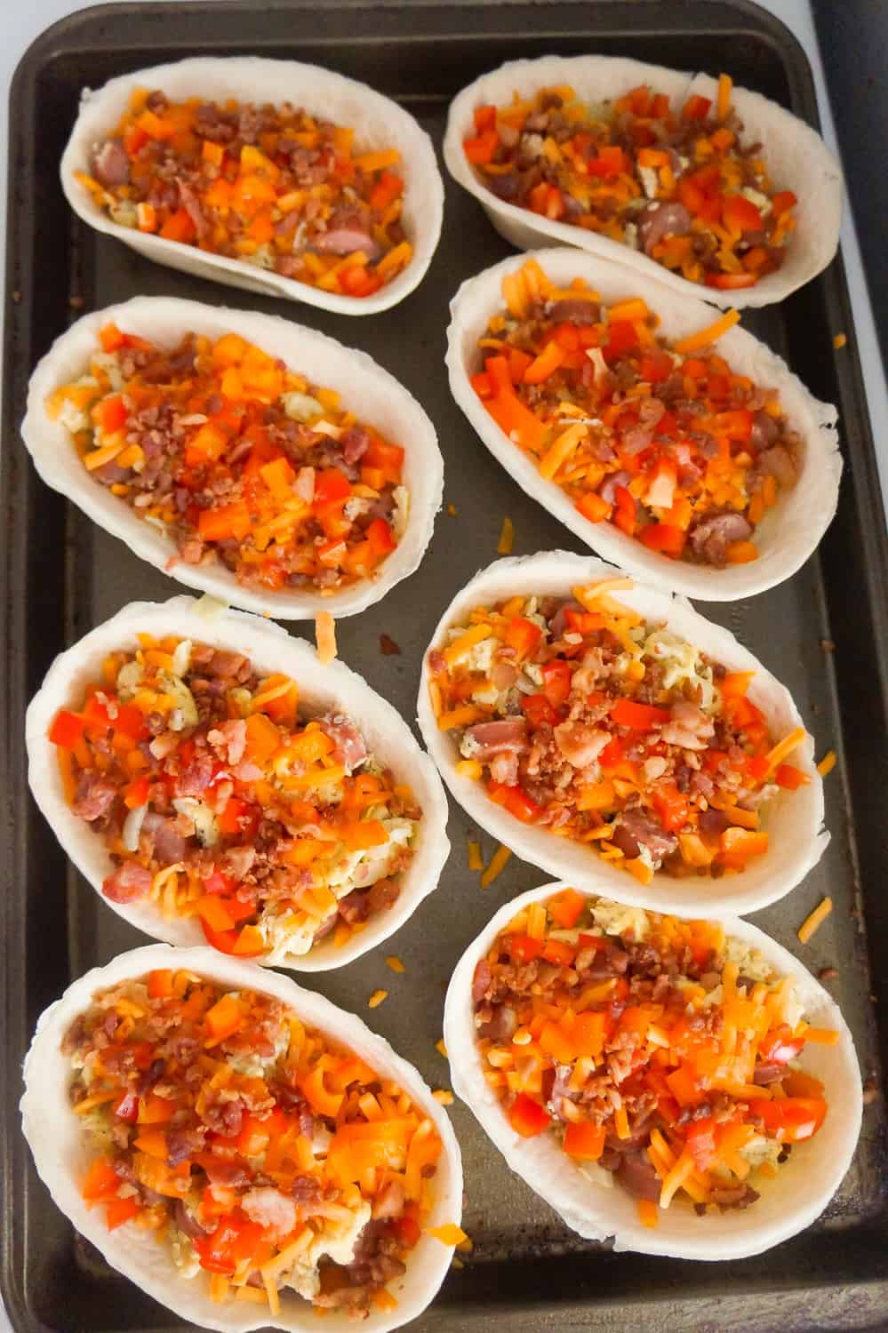 diced bell peppers in taco bowls