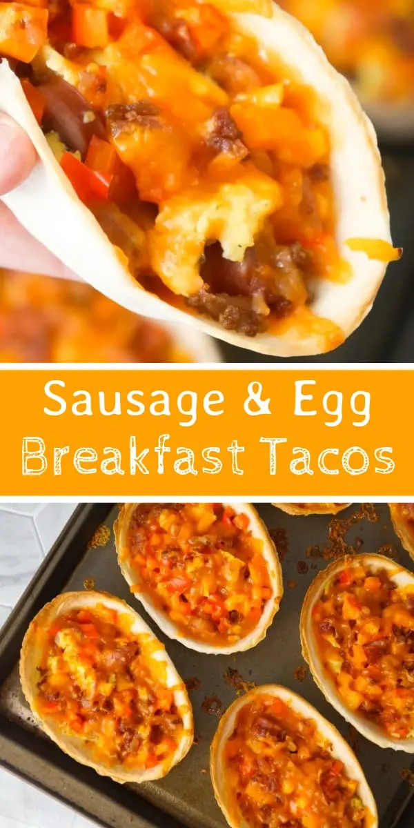 Sausage and Egg Breakfast Tacos are a fun and easy breakfast recipe. These breakfast tacos are made in Old El Paso tortilla bowls and loaded with eggs, maple breakfast sausage, cheddar cheese, sweet bell peppers and bacon.