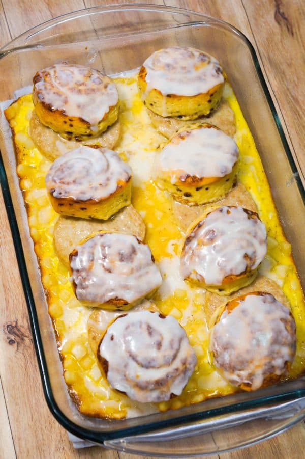 Sausage Egg Casserole Topped with Cinnamon Rolls THIS IS NOT DIET FOOD
