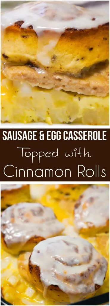 Sausage Egg Breakfast Casserole Topped with Cinnamon Rolls is an easy breakfast recipe perfect for the Christmas holidays. This easy breakfast casserole is loaded with hash browns, egg, sausage and topped with Pillsbury Cinnamon Rolls. This is the perfect brunch recipe.