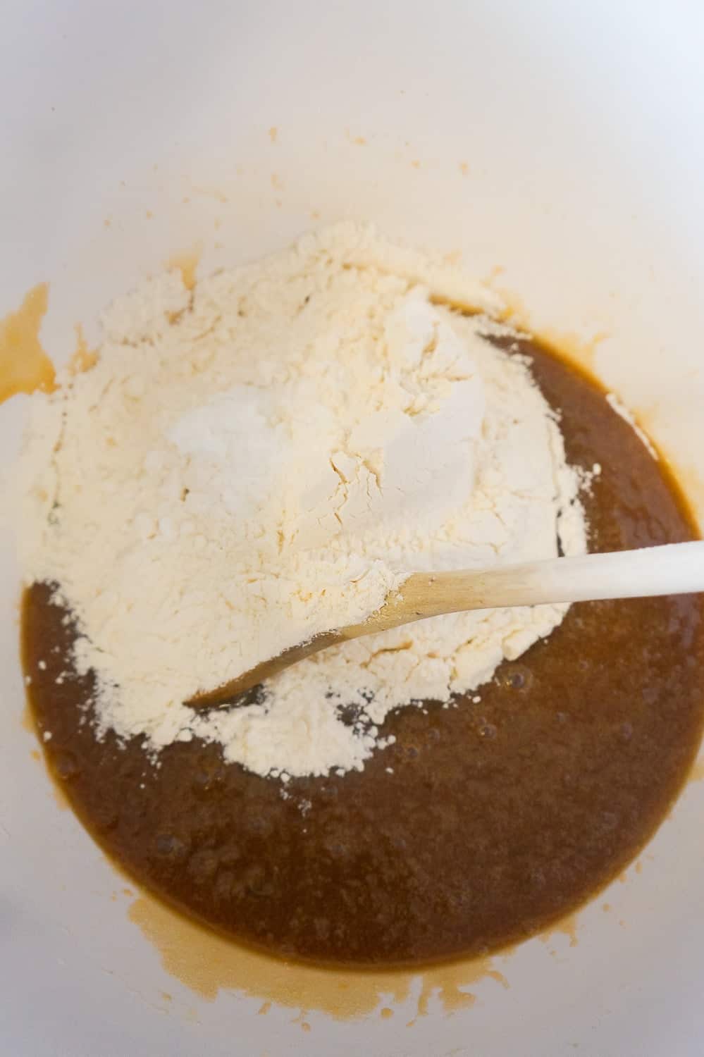 blondie batter with flour added in a mixing bowl