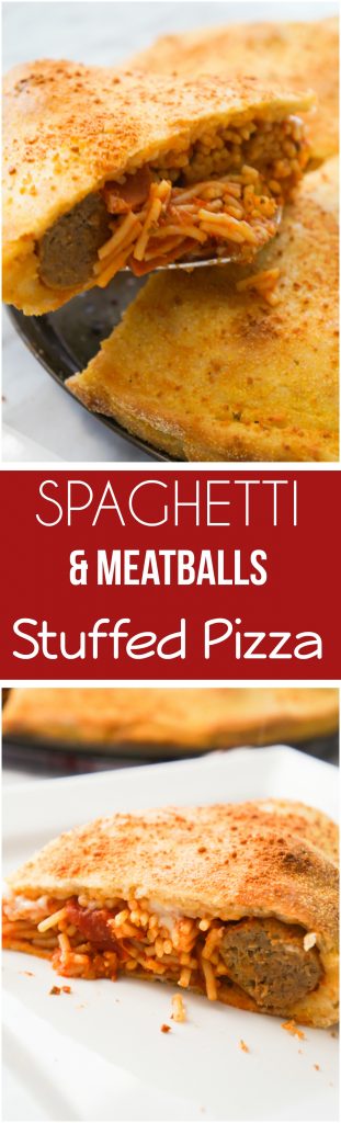 This Spaghetti and Meatballs Stuffed Pizza is an easy dinner recipe using store bought pizza dough. Pizza and pasta come together in one dish loaded with pepperoni and cheese.