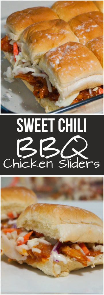Sweet Chili BBQ Chicken Sliders are a great party food or easy dinner recipe. These mini sandwiches are made using leftover shredded chicken tossed in a sweet and spicy BBQ sauce and topped with coleslaw.
