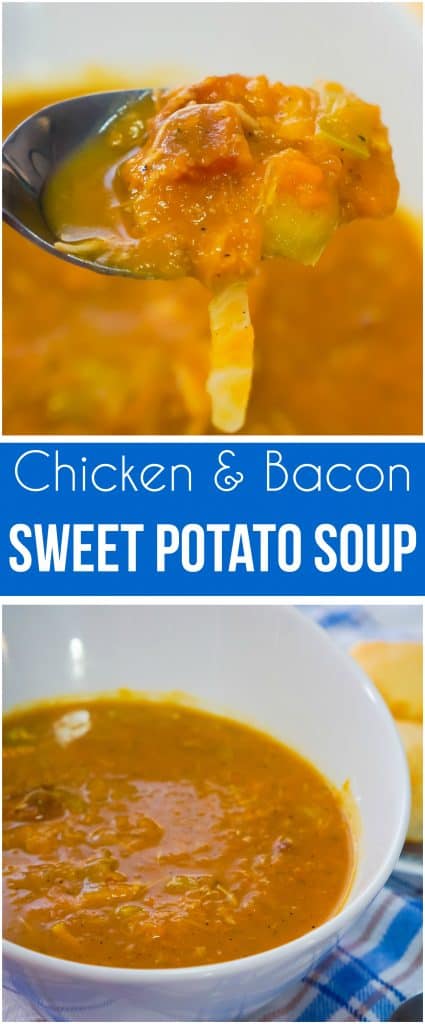 Sweet Potato Chicken & Bacon Soup is a hearty dish perfect for cold weather. This sweet potato soup is loaded with shredded chicken and bacon.