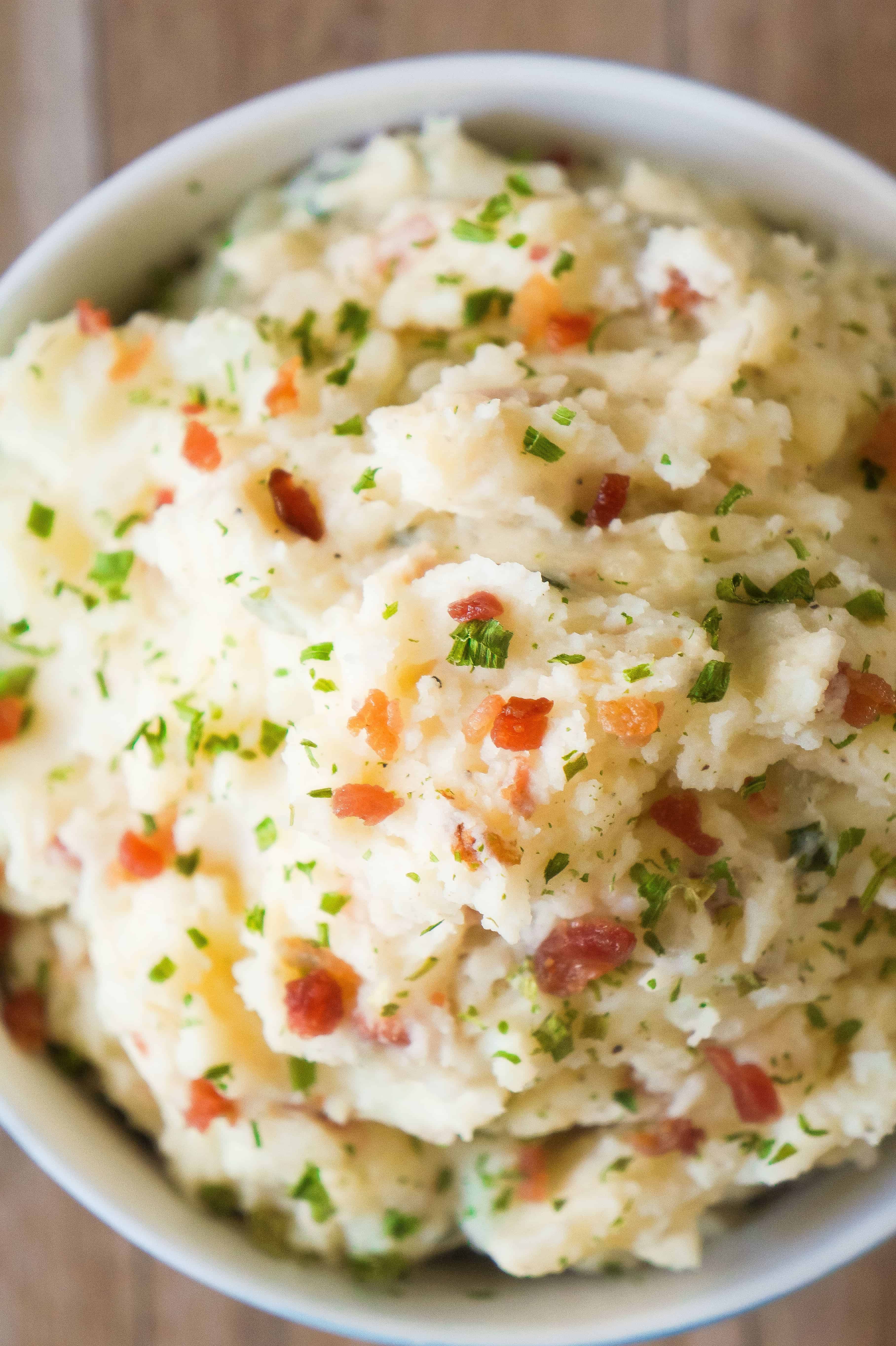 Cream Cheese Mashed Potatoes loaded with bacon, dried onions and a hint of garlic.