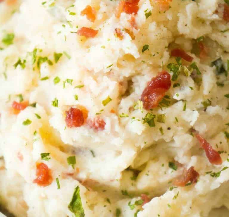 Easy Bacon Mashed Potatoes made with cream cheese.