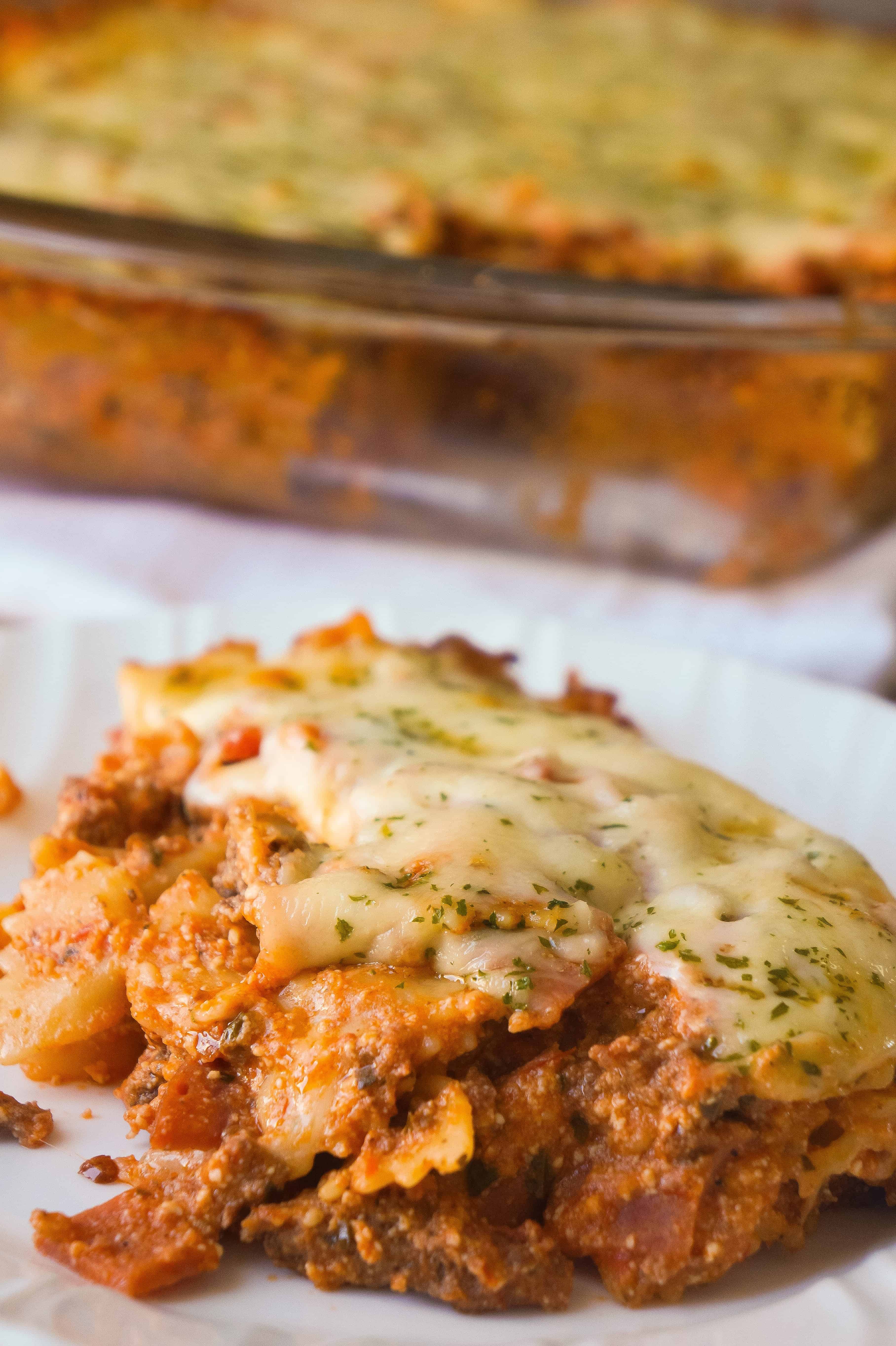 Three Meat Lasagna Casserole is an easy dinner recipe loaded with ground beef, pepperoni, bacon and cheese. This fun twist on lasagna requires no layering and only takes 45 minutes from start to finish.