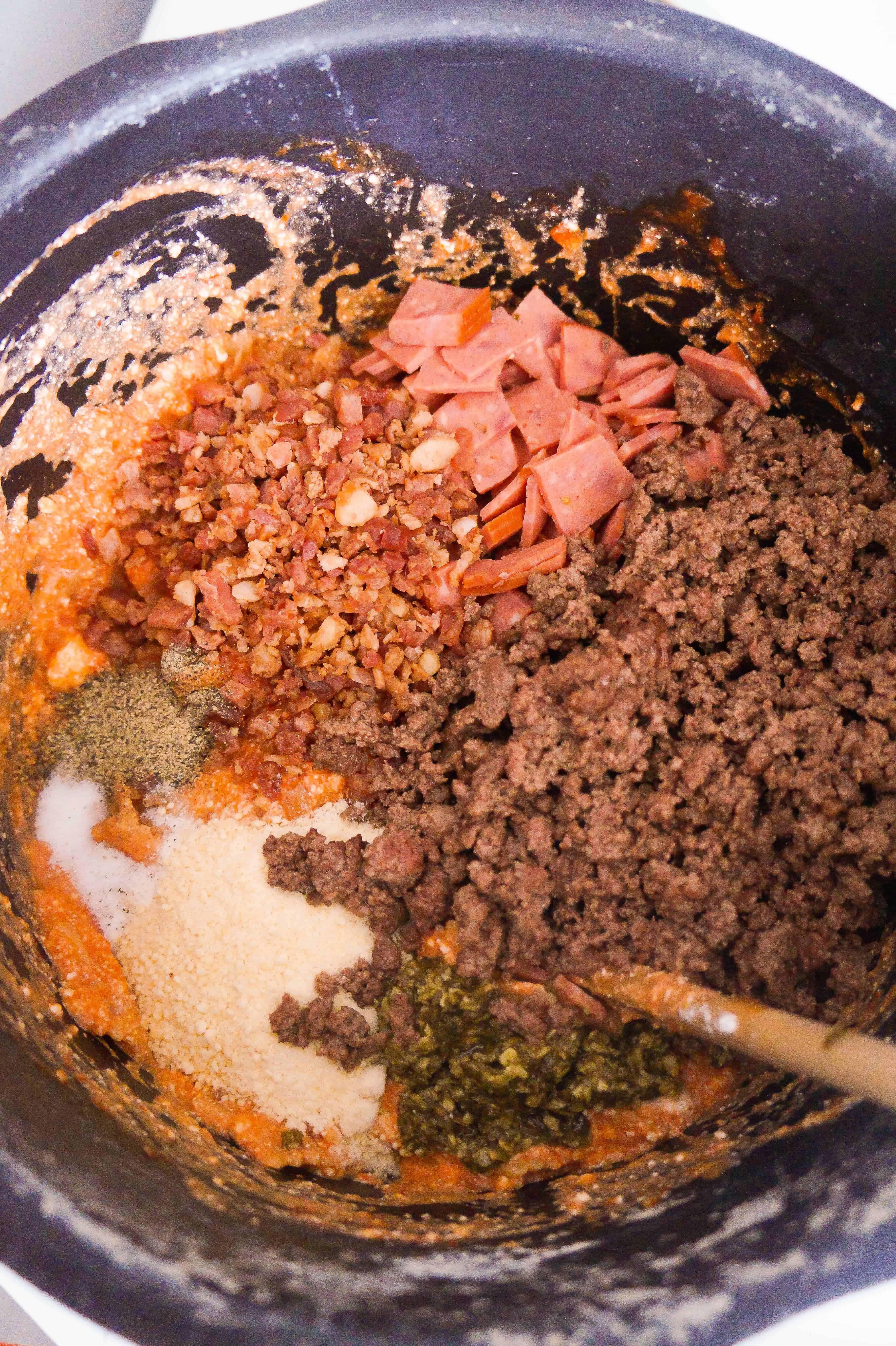 pasta with ground beef, bacon and pepperoni