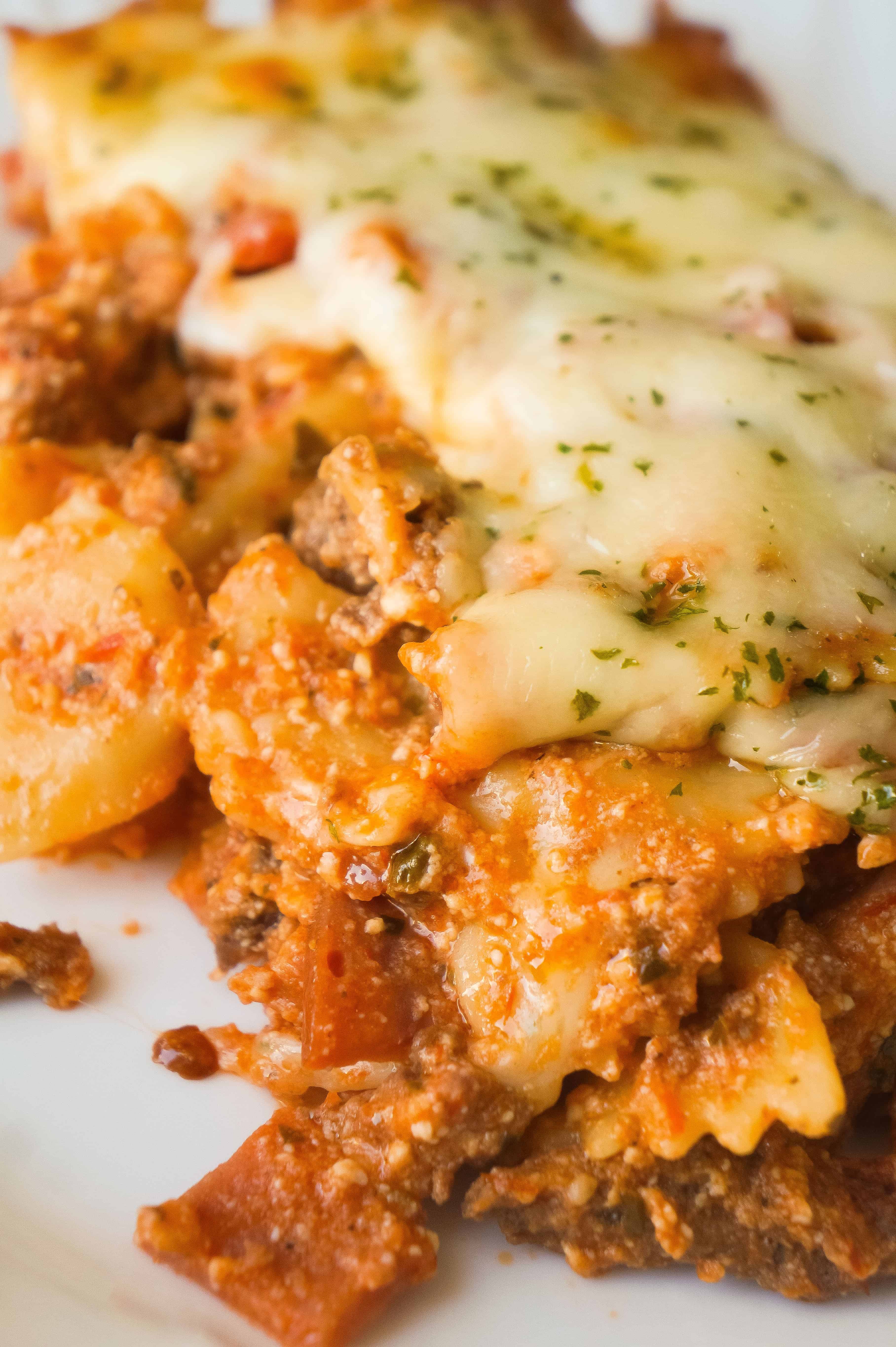 Three Meat Lasagna Casserole is an easy dinner recipe loaded with ground beef, pepperoni, bacon and cheese. This fun twist on lasagna requires no layering and only takes 45 minutes from start to finish.