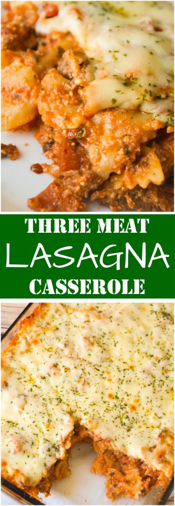 Three Meat Lasagna Casserole is an easy dinner recipe loaded with ground beef, pepperoni, bacon and cheese. This fun twist on lasagna requires no layering and only takes 45 minutes from start to finish.