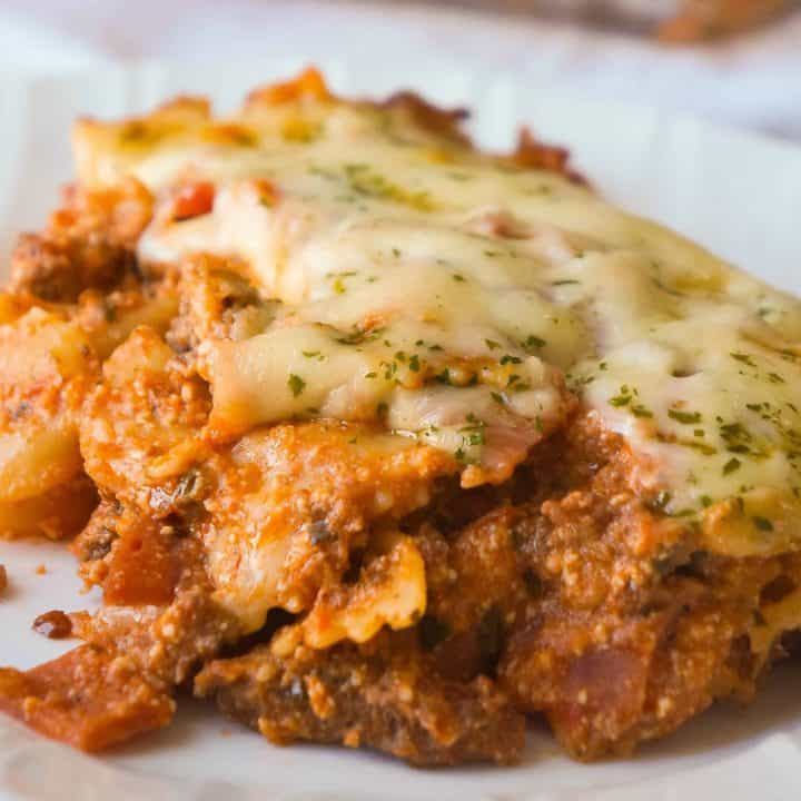 Three Meat Lasagna Casserole is an easy dinner recipe loaded with ground beef, pepperoni, bacon and cheese. This fun twist on lasagna requires no layering and only takes 45 minutes from start to finish.