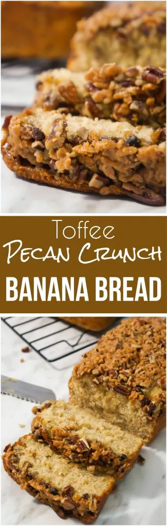 This Toffee Pecan Crunch Banana Bread is an easy banana bread recipe using butter pecan cake mix. Topped with pecans and toffee bits for a crunchy crust. This is a great snack or breakfast idea.