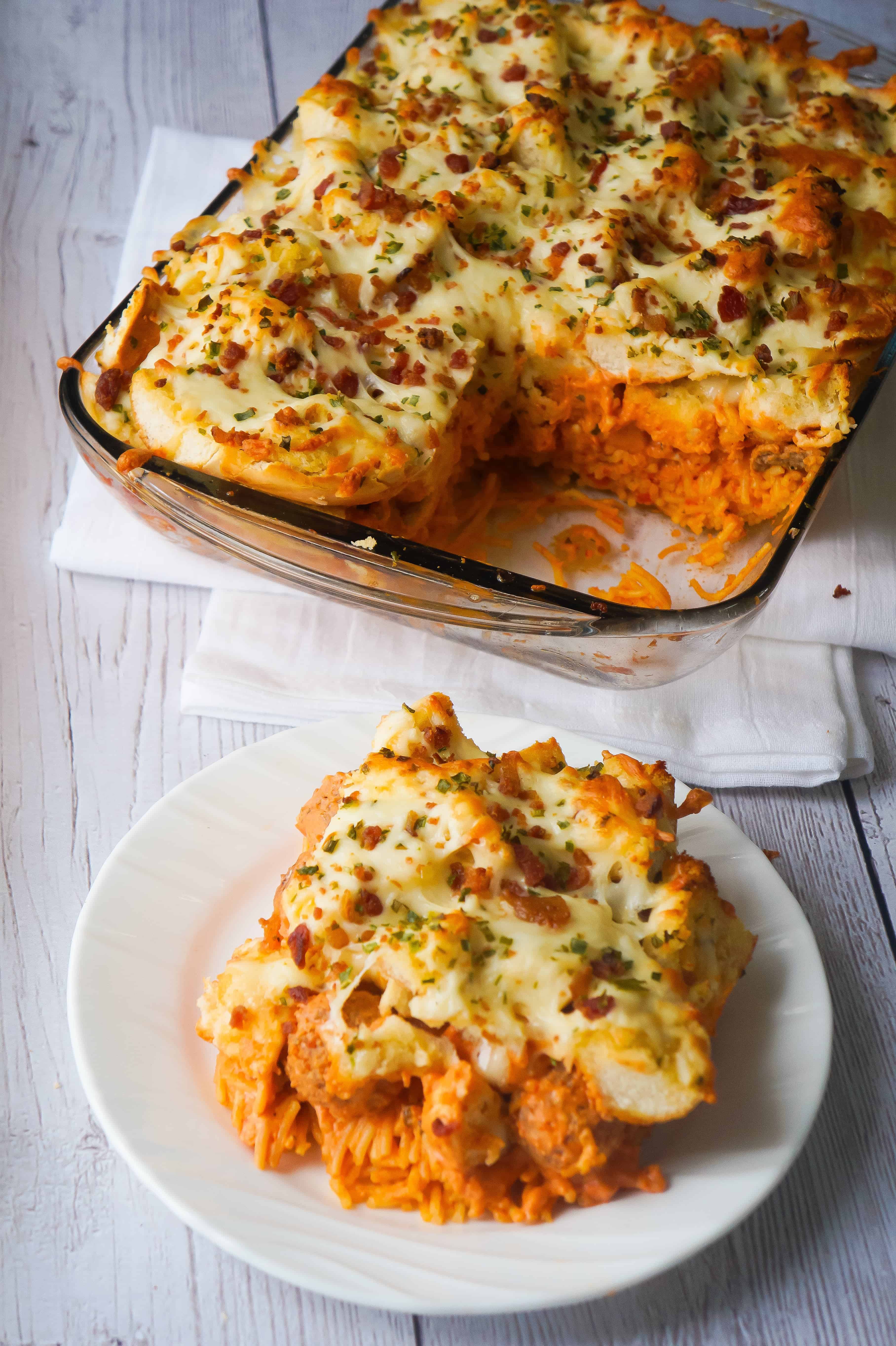 slice of spaghetti and meatball casserole