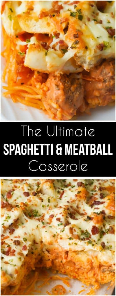 This baked spaghetti and meatballs casserole is topped with garlic cheese bread. This easy dinner recipe is made with meatballs and spaghetti in a cream cheese and marinara sauce followed by a layer of bagel pieces coated with garlic butter and topped with cheese and bacon bits.