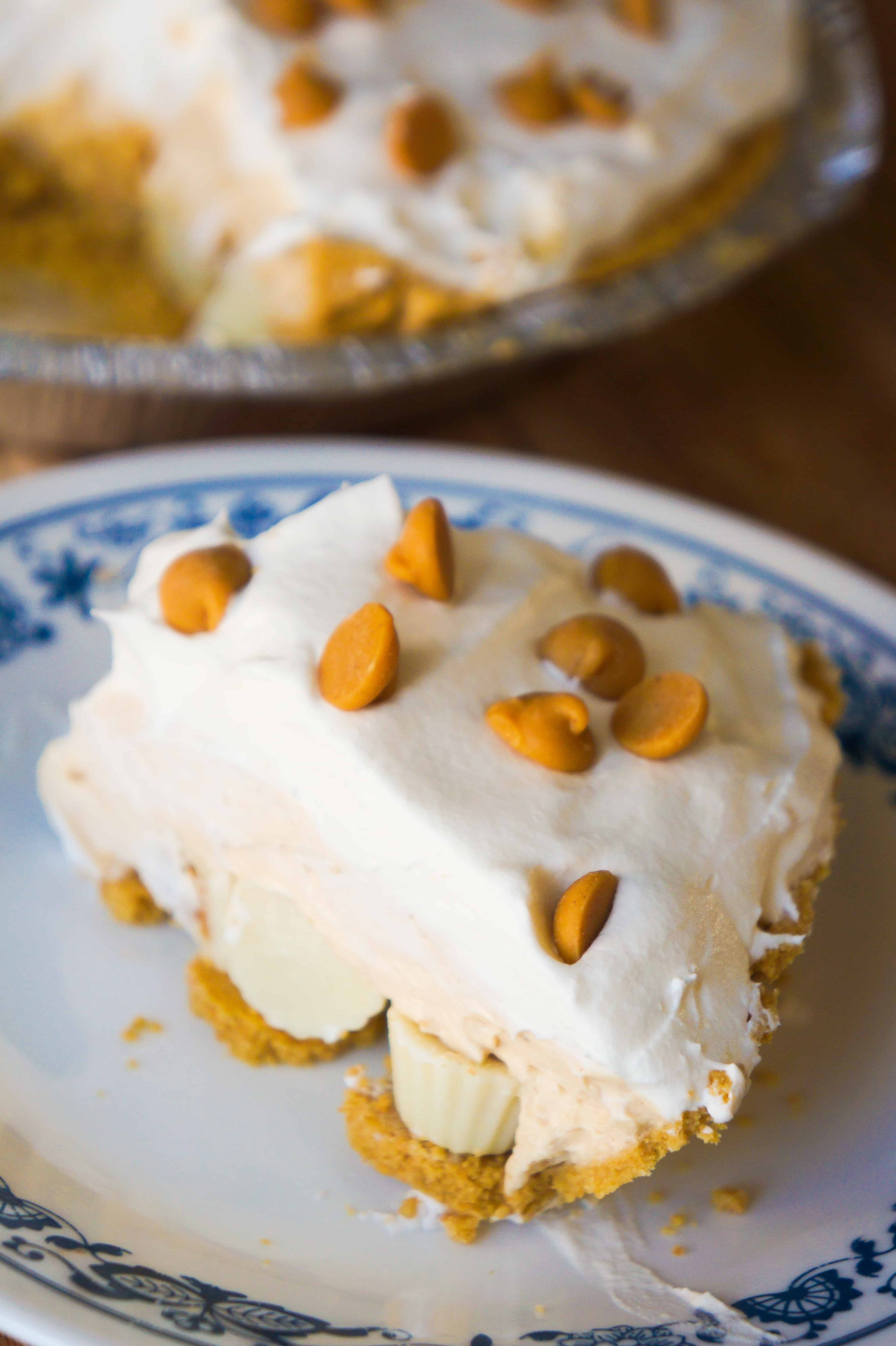 White Chocolate Peanut Butter Cup Pie is an easy no bake dessert recipe using instant pudding.