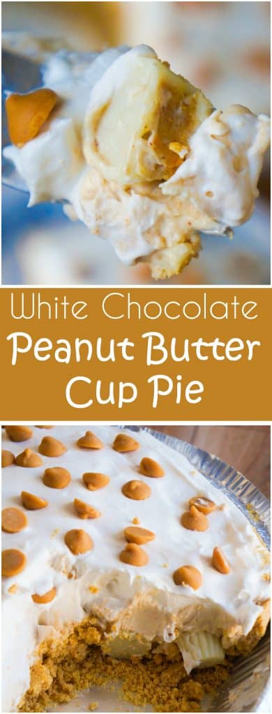 White Chocolate Peanut Butter Cup Pie is an easy no bake dessert recipe. A graham cracker crust is loaded with Reese's mini white chocolate peanut butter cups and white chocolate peanut butter pudding.